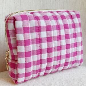 Gingham Cosmetic Case - Pink with Gold Daisy Zipper